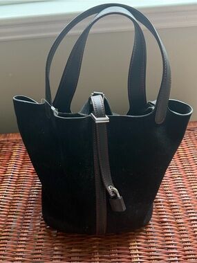 Hermes Picotin Black Suede Bag with Leather Trim